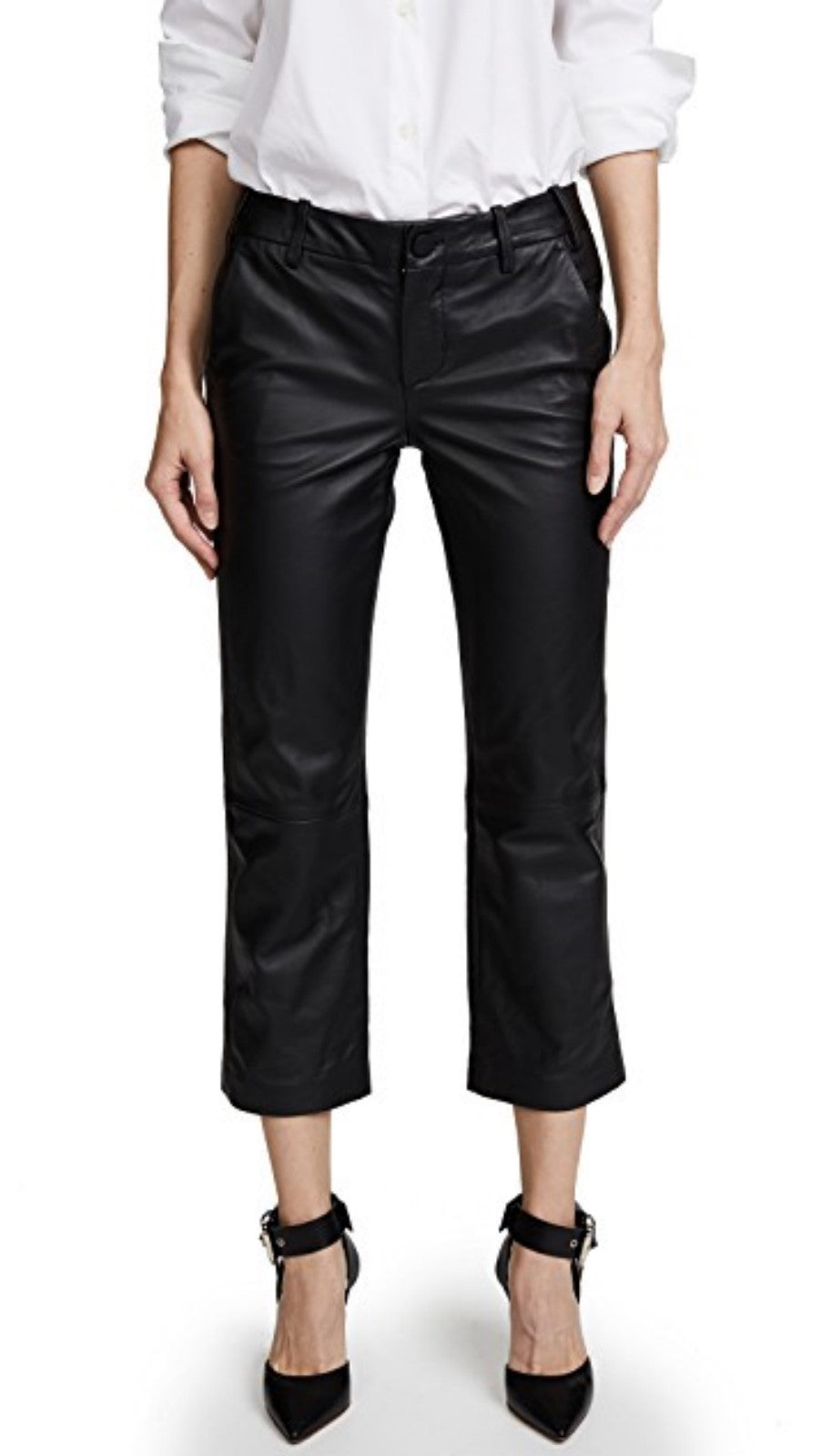 Koza Leathers Women's Real Lambskin Leather Capri Pant WP039, showcasing its sleek design and high-quality lambskin leather.